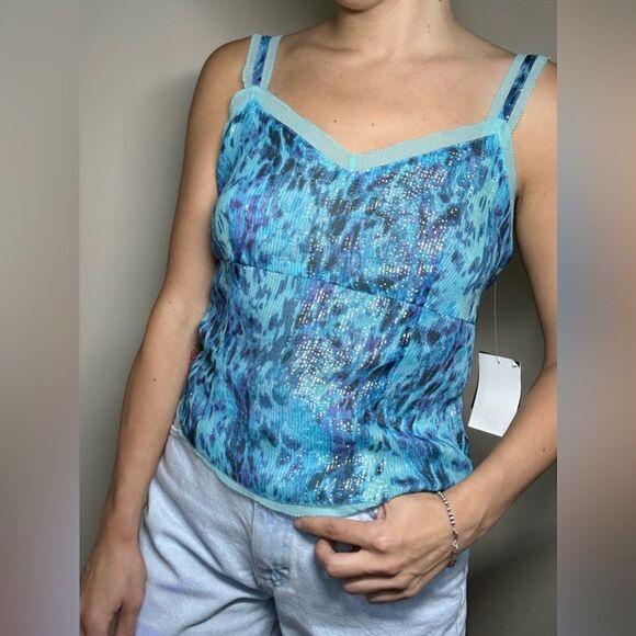 DD Collection Y2K Silk Metallic Mermaid Blue Sexy Slip Blouse Cami Lace - Picture 4 of 12